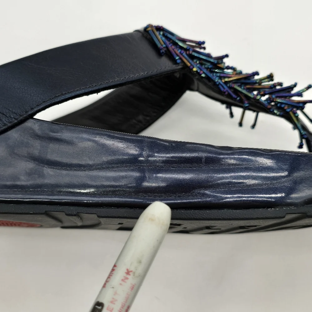 FitFlop Cha Cha Rumba Sandals Sz 8 Blue Leather Beaded Fringe Thong Platform - Picture 12 of 14